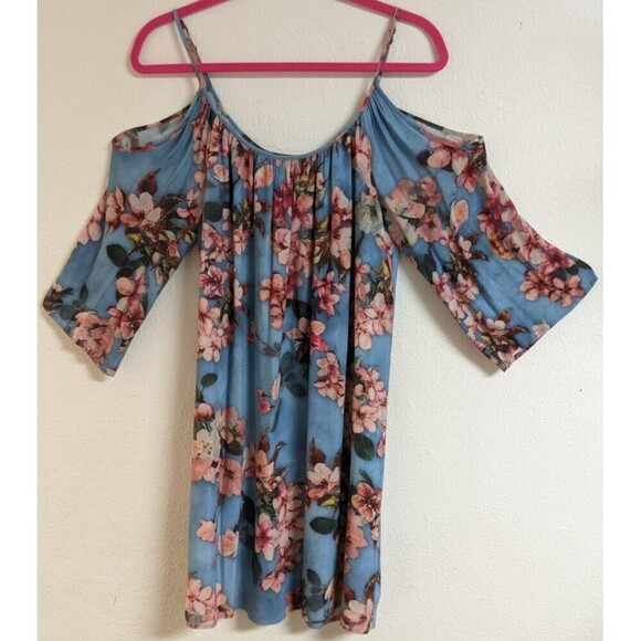 Women's KAREN KANE Blue Floral Fresco Cold Shoulder Viscose Dress Medium - Picture 3 of 7